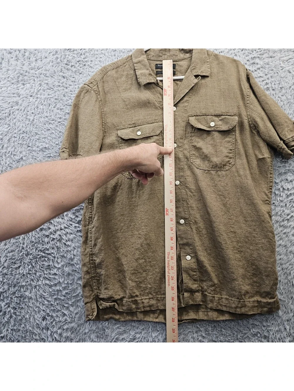 Banana Republic 100% Linen Shirt Men Medium Relaxed Fit Brown Flap Pockets